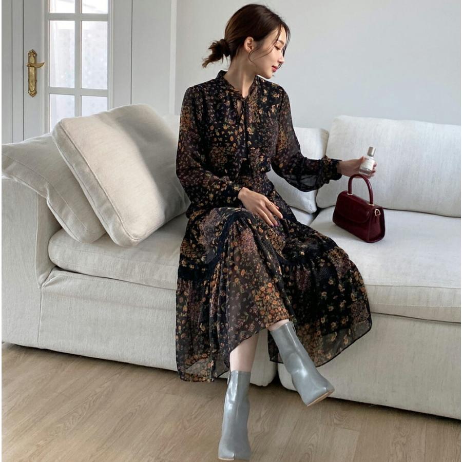 超特価 レディース スカラップ 上品 ロングワンピース 秋 冬 韓国ファッション Dholic 通販 Paypayモール ワンピース ロング 長袖 花柄 フラワー ティアード ボウタイ 大人 レトロ シフォン 爆買いお得