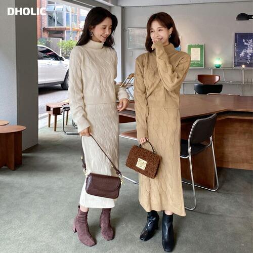 韓国 ワンピース ロング ロングワンピース ニット スカート セット 長袖 タートルネック クロップド丈 ロング丈 シンプル フェミニン 体型カバー 秋 冬 Dholic 通販 Yahoo ショッピング