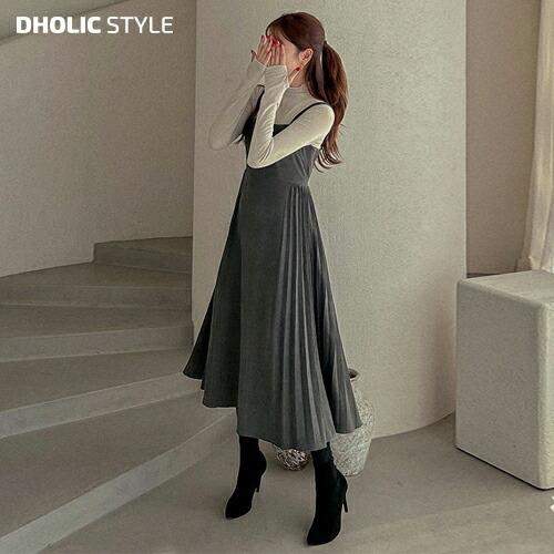 韓国 ワンピース ロングワンピース ロング丈 ノースリーブ スリーブレス スリム 細身 無地 プリーツ スクエアネック コーデュロイ ベッチン カジュアル 冬 ワンピース