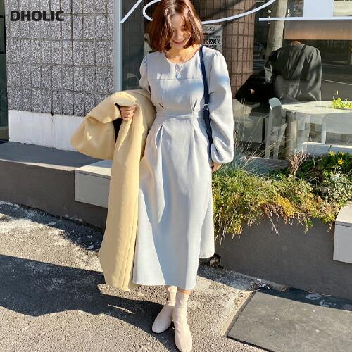 韓国ファッション ワンピース ロング ロングワンピース 長袖 ラウンドネック リボン ギャザー フレア ロング丈 無地 シンプル 体型カバー カジュアル 秋 冬 Dholic 通販 Paypayモール