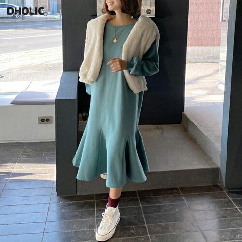 韓国 ワンピース ロング ロングワンピース 長袖 ラウンドネック 裏起毛 フレア ロング丈 ドロップショルダー 無地 ユニーク 体型カバー カジュアル 秋 冬 Dholic 通販 Paypayモール