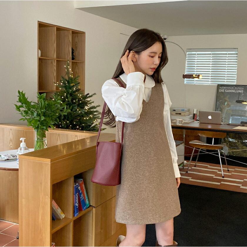 韓国 ワンピース ミニ ミニワンピース ノースリーブ Vネック ウール混 Aライン メランジ ミニ丈 ウエストゴム シンプル 体型カバー カジュアル 秋 冬 Dholic 通販 Paypayモール
