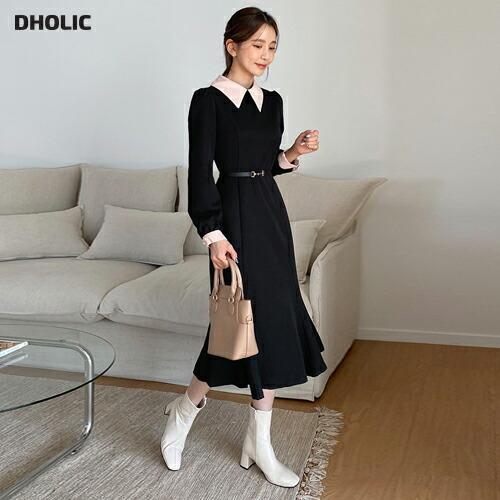 韓国 ワンピース ロング ロングワンピース 長袖 カラーネック ベルト付 配色カラー マーメイド ロング丈 シンプル 体型カバー カジュアル フェミニン 秋 冬 Dholic 通販 Paypayモール