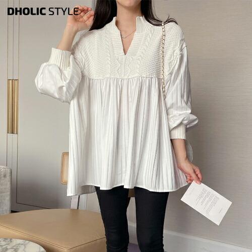 韓国 トップス ブラウス キーネック スキッパー スリットネック 長袖 パフスリーブ ロング丈 フレア 切替 ドッキング 異素材ミックス ルーズ 体型カバー 秋 冬 Dholic 通販 Paypayモール