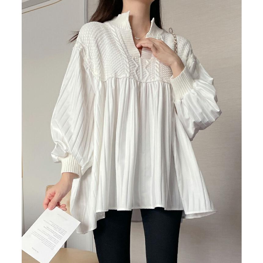 韓国 トップス ブラウス キーネック スキッパー スリットネック 長袖 パフスリーブ ロング丈 フレア 切替 ドッキング 異素材ミックス ルーズ 体型カバー 秋 冬 Dholic 通販 Paypayモール