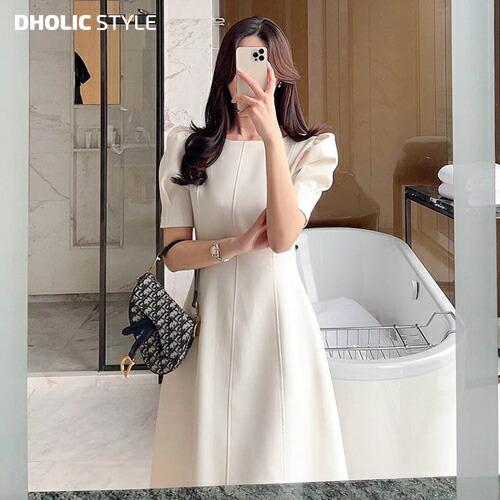 韓国 ワンピース ロングワンピース ロング丈 ドレス 半袖 ハーフスリーブ パフスリーブ フレア Aライン セレモニー パーティー お呼ばれ 秋 春 Dholic 通販 Paypayモール