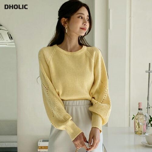 韓国ファッション トップス ニット 大人 長袖 ラウンドネック パンチングスリーブ クロップド丈 カラーニット 無地 体型