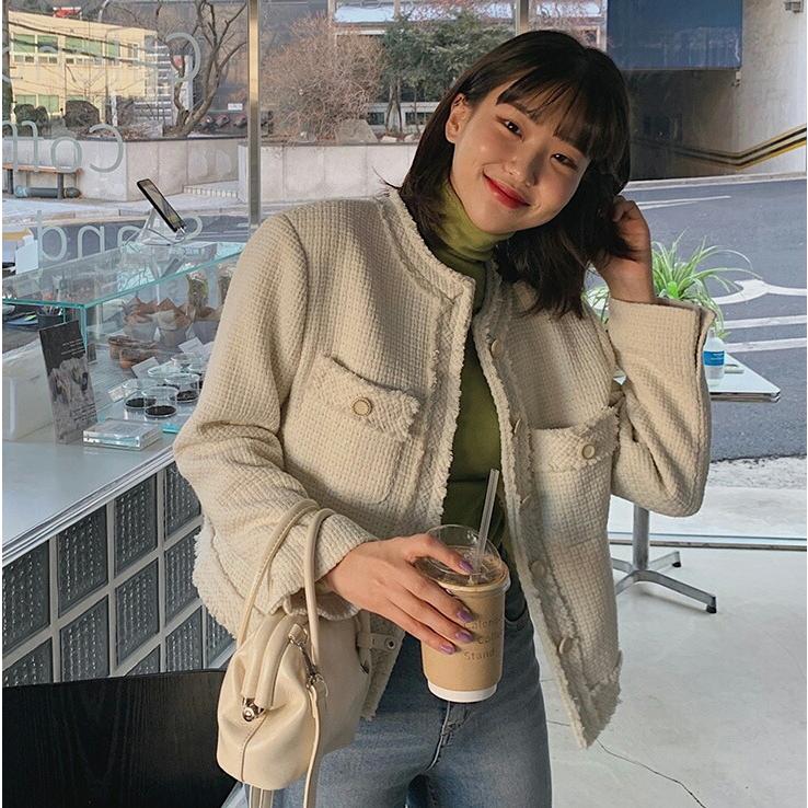 ジャケット アウター 長袖 ツイード 柄フリンジ 単色 パステル ボタン ノーカラー 春 秋 冬 学校行事 お呼ばれ 上品 大人っぽ かわいい 可愛い 韓国ファッション Dholic 通販 Paypayモール