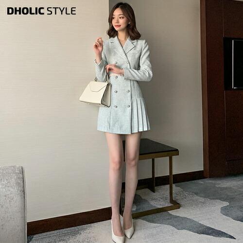 激安価格 ワンピース チュニック 韓国ファッション ワンピース ミニワンピース ミニ丈 ショート丈 Aライン フレア 長袖 襟 カラー ダブルボタン パーティー お呼ばれ セレモニー デート 秋 春