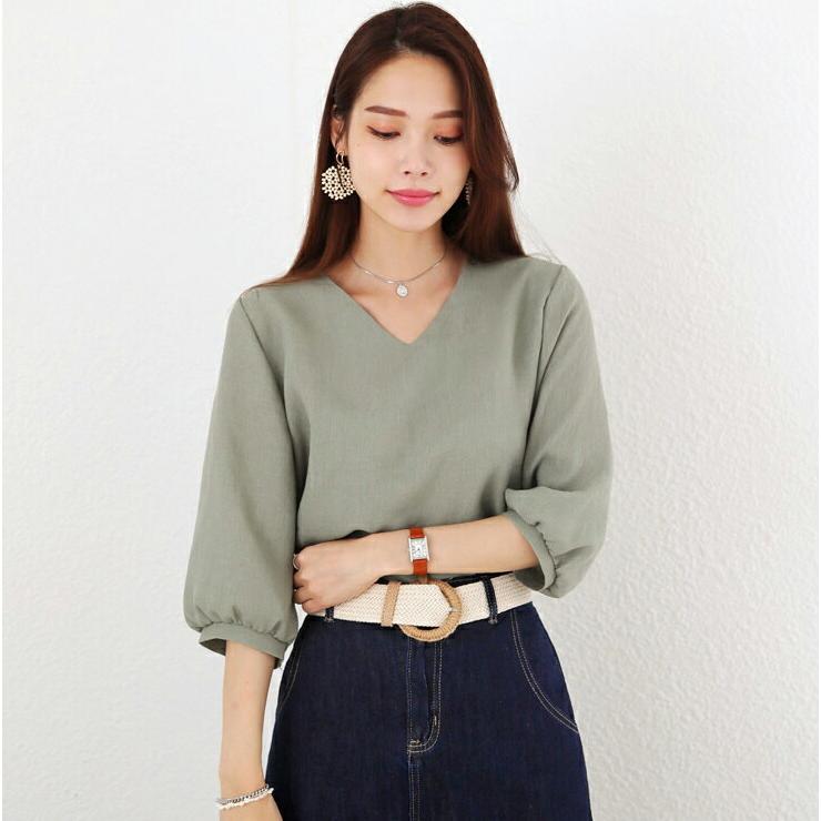 正規品 トップス ブラウス 七分丈 Vネック 単色 シンプル 無地 パフ 袖 スリーブ 春 夏 秋 パステル くすみ 上品 ゆったり フェミニン 韓国ファッション Bayern Dghk De