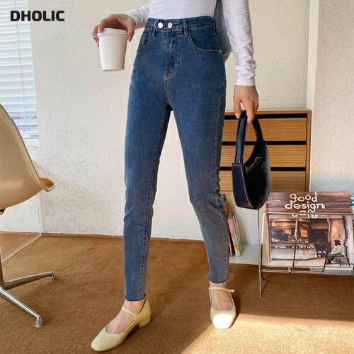 ショップ パンツ スキニー ロング デニム ツーボタン ジーパン 無地 単色 シンプル 春 夏 秋 冬 ベーシック 美脚 スタイルアップ ブラック ブルー 韓国ファッション3 454円