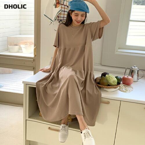 史上一番安い 韓国ファッション ワンピース ロング ロングワンピース 半袖 ラウンドネック ティアード フレア パフスリーブ ロング丈 ルーズ 無地 シンプル 体型カバー 春 秋 Honeymoon Style