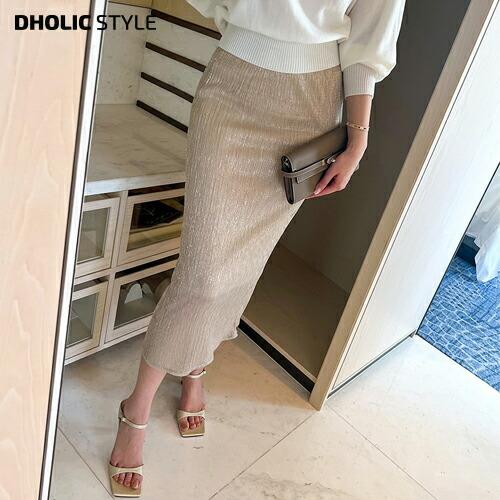 韓国ファッション ボトムス スカート ロング丈 ウエストゴム グリッター スリム タイト Hライン 裏地 透け感