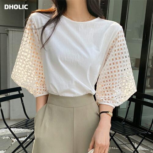 Tシャツ 七分丈 異素材 パンチング 柄 模様 透け感 単色 春 夏 パステル パフ袖 パフスリーブ ゆったり 楽ちん かわいい ガーリー カジュアル 韓国ファッション Dholic 通販 Paypayモール