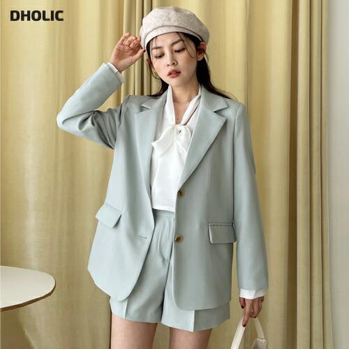 ジャケット 長袖 パンツ スラックス ショート 丈 ショーパン セット 単色 無地 シンプル パステル 上品 春 秋 肩パッド内蔵 韓国ファッション 珍しい