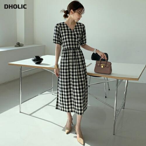 ワンピース ロング丈 ロングワンピース 半袖 ハーフスリーブ チェック柄 ギンガムチェック りぼん ガーリー かわいい 春 夏 韓国ファッション Dholic 通販 Paypayモール