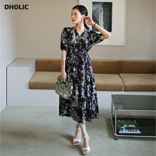 ワンピース ロング丈 半袖 Vネック 花柄 模様 ギャザー 鎖骨 デコルテ 高級感 ウエストマーク Aライン パフ袖 パフスリーブ 春 夏 フェミニン 韓国ファッション Dholic 通販 Paypayモール