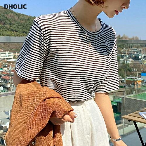 トップス Tシャツ 半袖 ボーダー柄 ラウンドネック ボーダーt カジュアル ラフ 春 夏 韓国ファッション Dholic 通販 Paypayモール