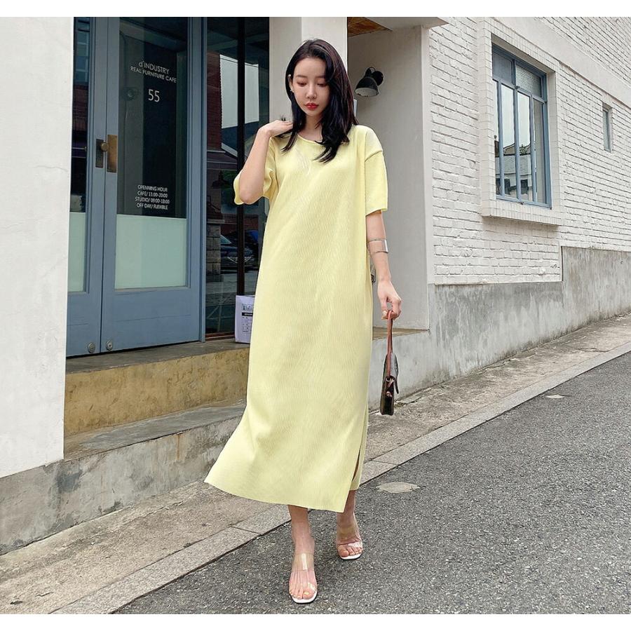 韓国ファッション ワンピース ロングワンピース ロング丈 ラウンドネック 半袖 スリットヘム リブ ルーズフィット オーバーサイズ 無地 夏 カジュアル 春 Dholic 通販 Yahoo ショッピング