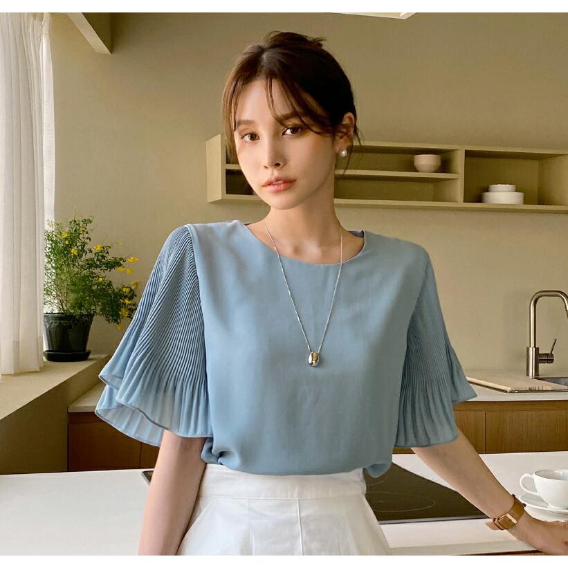 商舗 ブラウス トップス 半袖 単色 無地 シンプル パステル プリーツ フレア 春 夏 上品 大人っぽ オフィスカジュアル 学校行事 きれいめ 韓国ファッション2 280円 Aynaelda Com