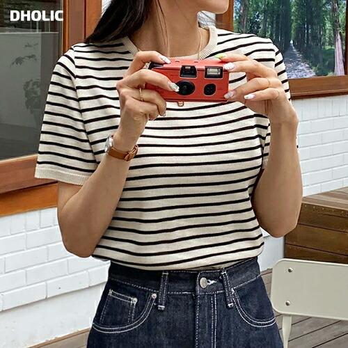 トップス ニット 半袖 ボーダー柄 カジュアル ラフ ラウンドネック アクリルニット 春 夏 韓国ファッション Tr