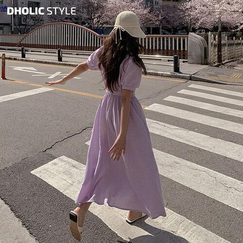 韓国ファッション ワンピース ロング丈 ロングワンピース クロスラップ サイドストラップ 半袖 パフスリーブ フレア Aライン 無地 大人 ラブリー 夏 春 Dholic 通販 Paypayモール