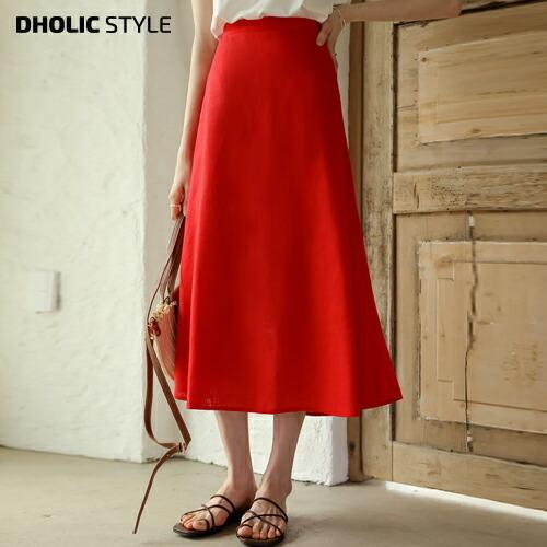 韓国ファッション ボトムス スカート ロング丈 ロングスカート バックゴム リネン混 フレア Aライン 無地