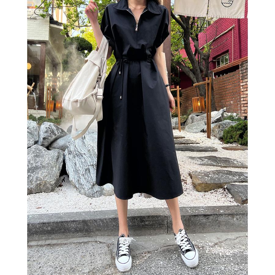 韓国ファッション ワンピース ロング丈 ハーフジップ 半袖 ドルマンスリーブ ウエストストリング フレア Aライン 無地 シンプル ベーシック デイリー 夏 春 Dholic 通販 Yahoo ショッピング