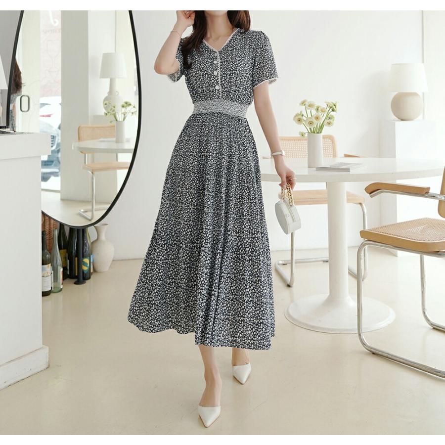 韓国ファッション ワンピース ロング丈 ロングワンピース ネック 半袖 レース配色 フラワー 花柄 フレア Aライン ハーフボタン 大人 フェミニン お出かけ 夏 春 Dholic 通販 Paypayモール