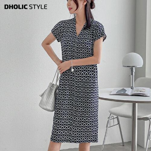 韓国ファッション ワンピース ミディ ミディワンピース Vネック 半袖 ショートスリーブ 配色パターン ストレート 体型カバー シンプル モード お出かけ 夏 春 Dholic 通販 Paypayモール