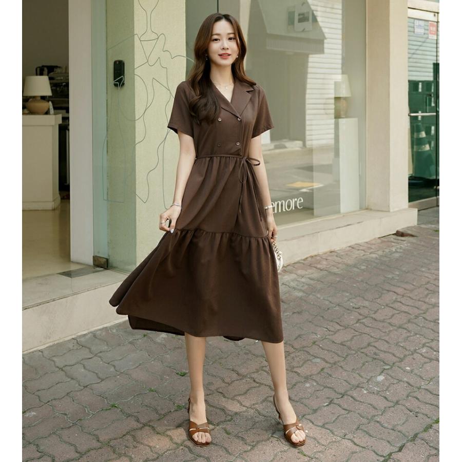 韓国ファッション ワンピース ロング丈 ロングワンピース テーラードカラー ダブルボタン 半袖 ウエストリボン ティアード フレア 無地 モード オフィス 夏 春 Dholic 通販 Paypayモール