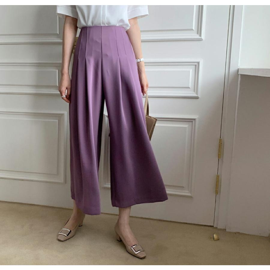 パンツ ロング丈 単色 無地 シンプル パステル 3周年記念イベントが カラーパンツ 体型カバー フェミニン ハイウエスト 揺れ感 春 フレア ゆったり 韓国ファッション 夏
