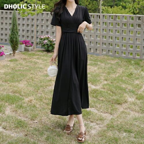 韓国ファッション ワンピース ロングワンピース Vネック 半袖 ハーフスリーブ フレア Aライン パターン 柄 上品 大人 無地 カジュアル 夏 Dholic 通販 Paypayモール