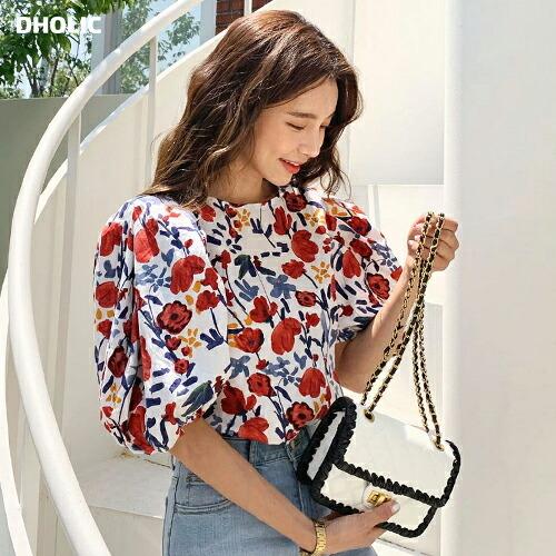 トップス ブラウス 半袖 パフスリーブ パフ袖 花柄 派手 カラフル レトロ 肩パッド 袖コン ラウンド