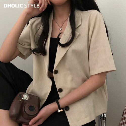 韓国ファッション アウター ジャケット シングルジャケット 半袖 3ボタン リネン混 ルーズフィット 無地 シンプル ベーシック 学校 オフィスカジュアル 夏 春 史上最も激安