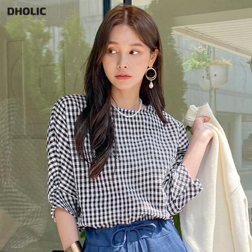 ブラウス トップス 七分丈 7分丈 7分袖 七分袖 チェック 柄 模様 ギンガムチェック 二の腕カバー 体型カバー ルーズ ロング丈 パフ 春 夏 韓国 ファッション Dholic 通販 Paypayモール