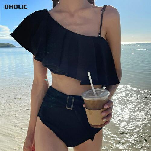 若者の大愛商品 水着 ビキニ ラッフル フリル 二の腕カバー ベルト ハイウエスト ワイヤーカップ一体型 ワンショルダー オフショルダー 夏 韓国ファッション