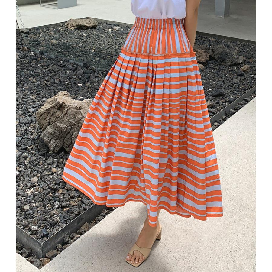 スカート ロング丈 ロングスカート ボーダー柄 マルチボーダー フレア ウエストゴム カジュアル 大人 プリーツ 楽ちん ラフ オレンジ 春 夏 韓国ファッション Dholic 通販 Paypayモール