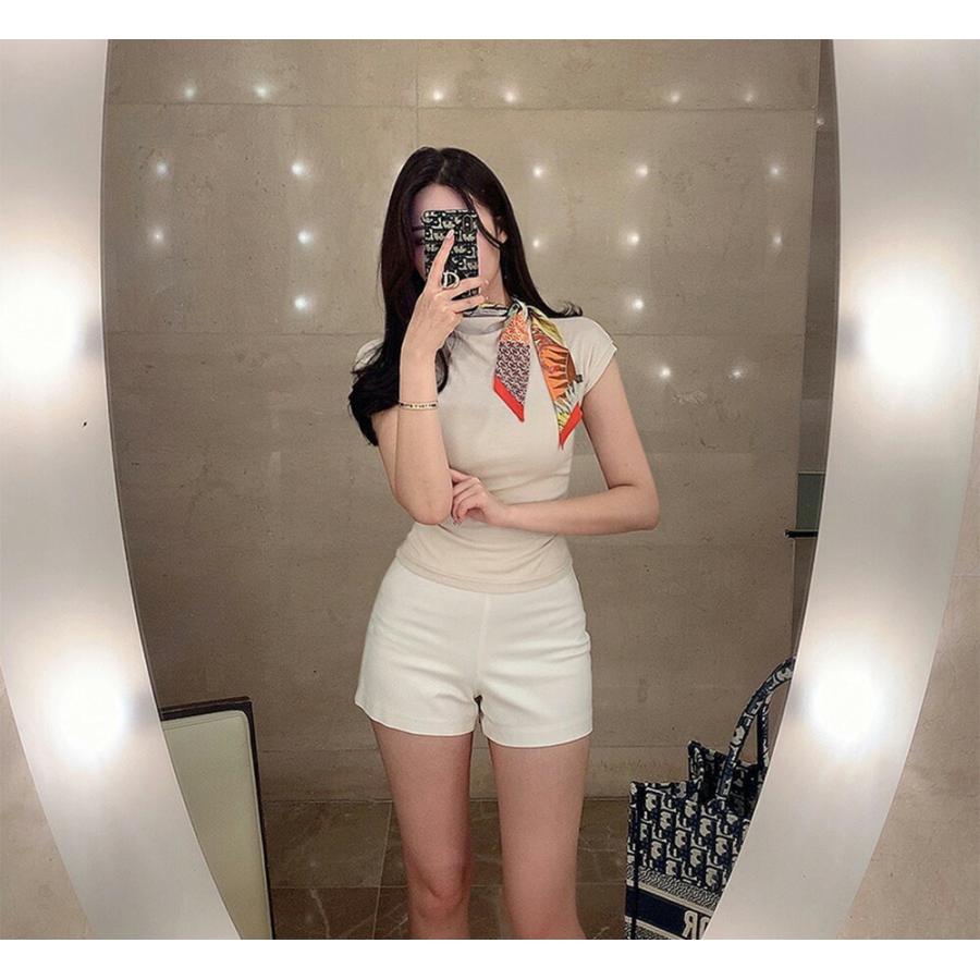 トップス Tシャツ ハーフネック スカーフ付き セット 柄 模様 単色 無地 ユニーク タイト 上品 フェミニン 春 夏 かわいい 可愛い 大人 細身 韓国ファッション Dholic 通販 Paypayモール