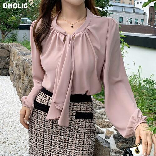 トップス ブラウス 長袖 ボウタイ 襟コン りぼん スカーフ 単色 無地 シンプル 大人 きれいめ ピンク くすみ オフィスカジュアル 春 秋 韓国ファッション Dholic 通販 Yahoo ショッピング