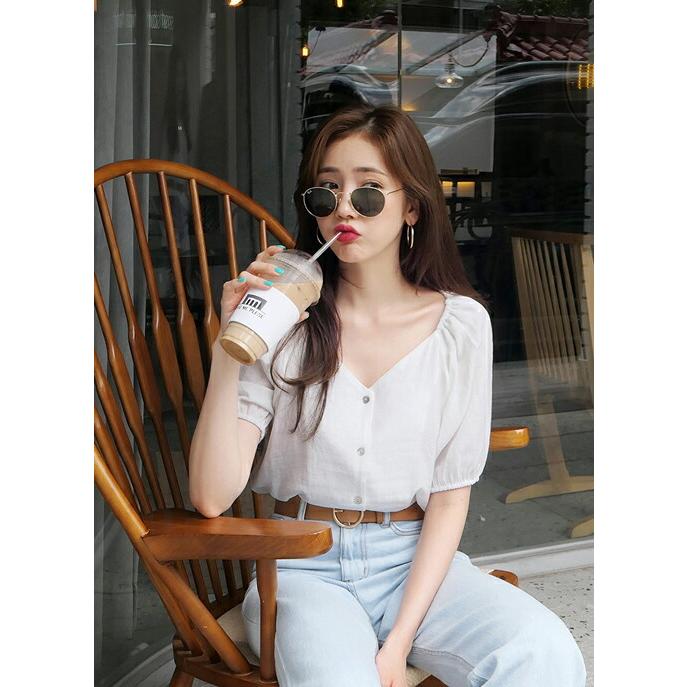 韓国 ファッション 人気 トップス ブラウス 半袖 Vネック オフショルダー オフショル 2way 袖コンシャス フェミニン ガーリー レトロ ピンク 夏 Dholic 通販 Paypayモール