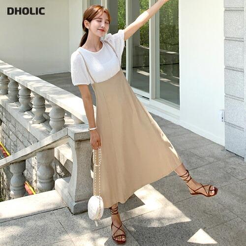 レディース ワンピース ロングワンピース ロング丈 2way サスペンダー フレア レイヤード 綿 コットン 無地 カジュアル かわいい ガーリー マキシ 春夏 Dholic 通販 Paypayモール