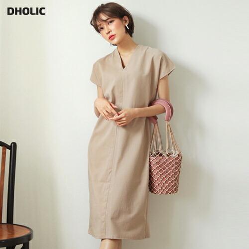 ワンピース ロング ロングワンピース Vネック フレンチスリーブ ゆったり オーバル 無地 センターライン 体型カバー 大人 カジュアル 夏 ロング丈 Dholic 通販 Paypayモール