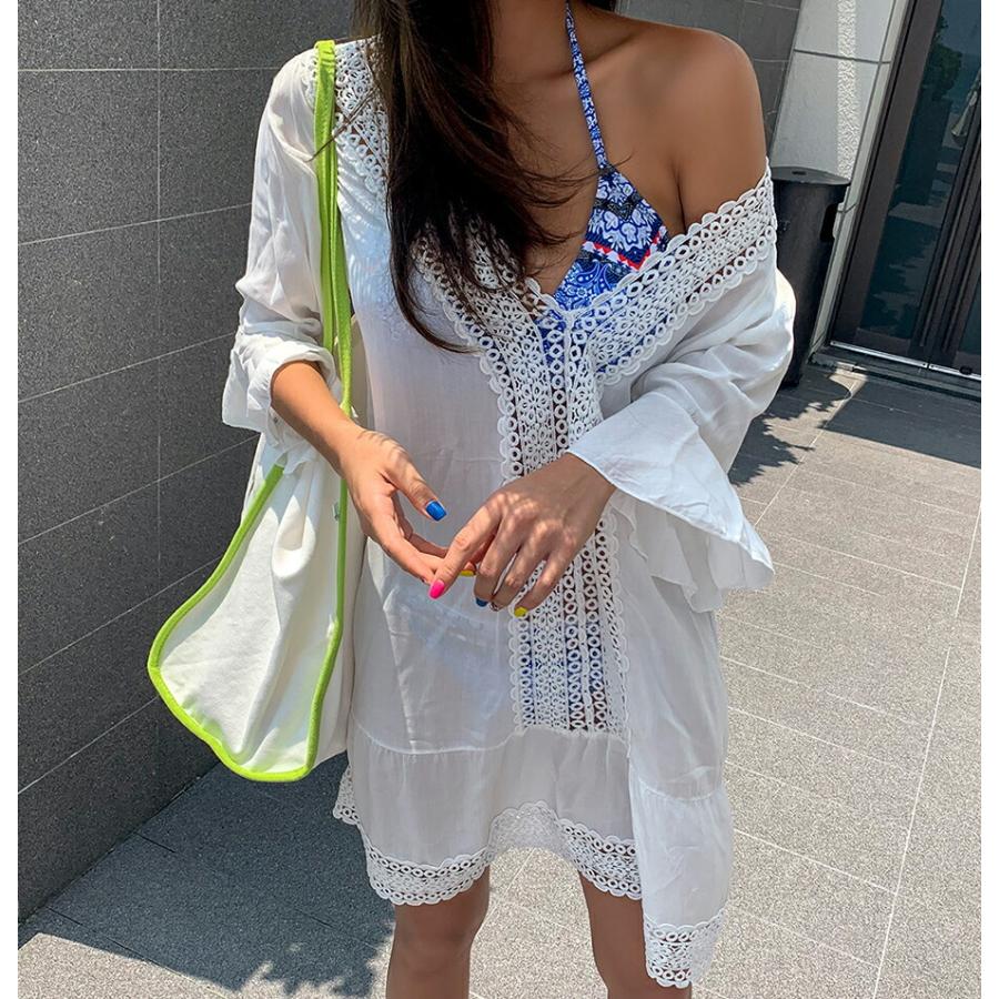 ワンピース ミニワンピース 7分袖 Vネック パンチング レース ゆったり ルーズ レイヤード ビーチ 海 リゾート 重ね着 ビーチウェア 春 夏 Dholic 通販 Paypayモール