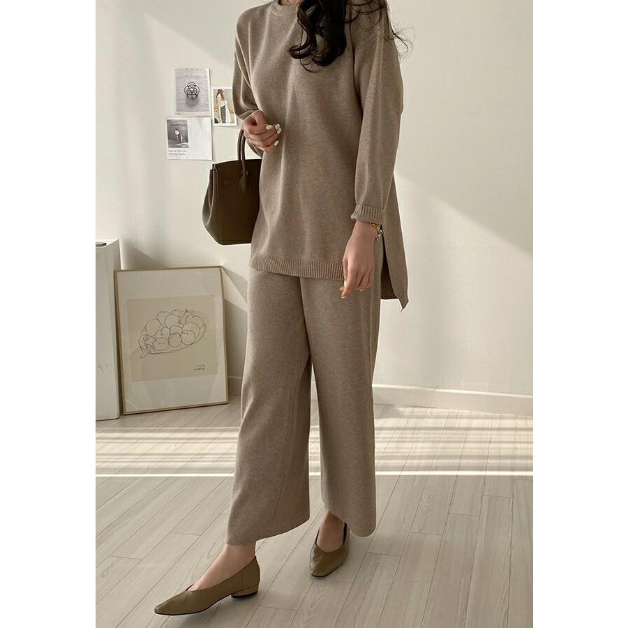 韓国 ファッション ワイドパンツ パンツ セットアップ セットコーデ セットアイテム ニット ニットコーデ アンバランスヘム サイドスリット ニットパンツ 春 冬 Dholic 通販 Paypayモール