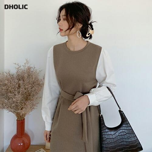 ワンピース ロング丈 ロングワンピース ラウンドネック リブワンピース リブ 切り替え ウエスストラップ 切り替えスリーブ 長袖 春 冬 ロング丈 Dholic 通販 Paypayモール