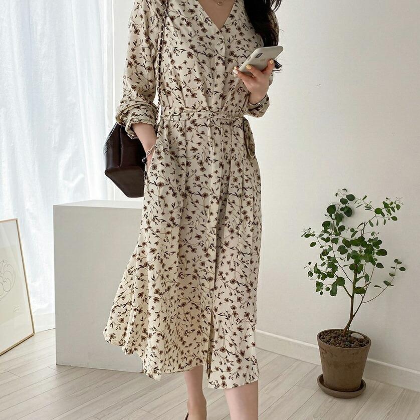 ワンピース ロングワンピース ロング丈 長袖 Vネック デコルテ 花柄 フラワー かわいい ガーリー フェミニン 春 ロング丈 Dholic 通販 Paypayモール