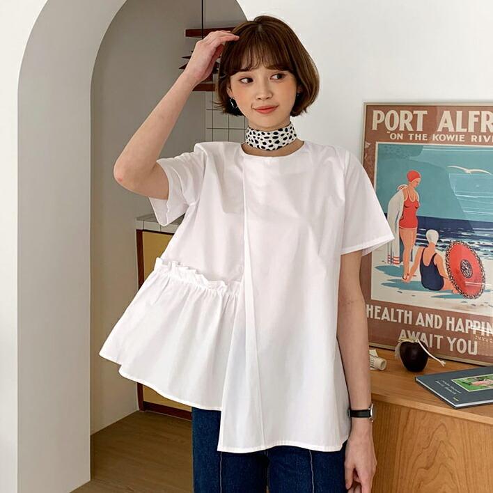 韓国 ファッション トップス ブラウス 半袖 ハーフスリーブ フリル フリルトップス アシメ アシンメトリー 白ブラウス 個性的 ユニーク アンバランス 春 夏 Dholic 通販 Paypayモール