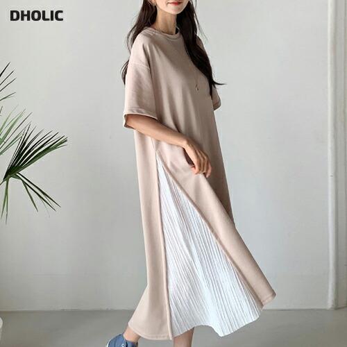 ワンピース ロング ロングワンピース 半袖 ハーフスリーブ プリーツ プリーツワンピース 配色 大人 ゆったり 春 夏 ロング丈 Dholic 通販 Paypayモール