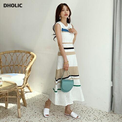 ワンピース ロング ロングワンピース スリーブレス ノースリーブ ボーダー ニット ニットワンピース 配色 パンチングニット 春 夏 ロング丈 Dholic 通販 Paypayモール